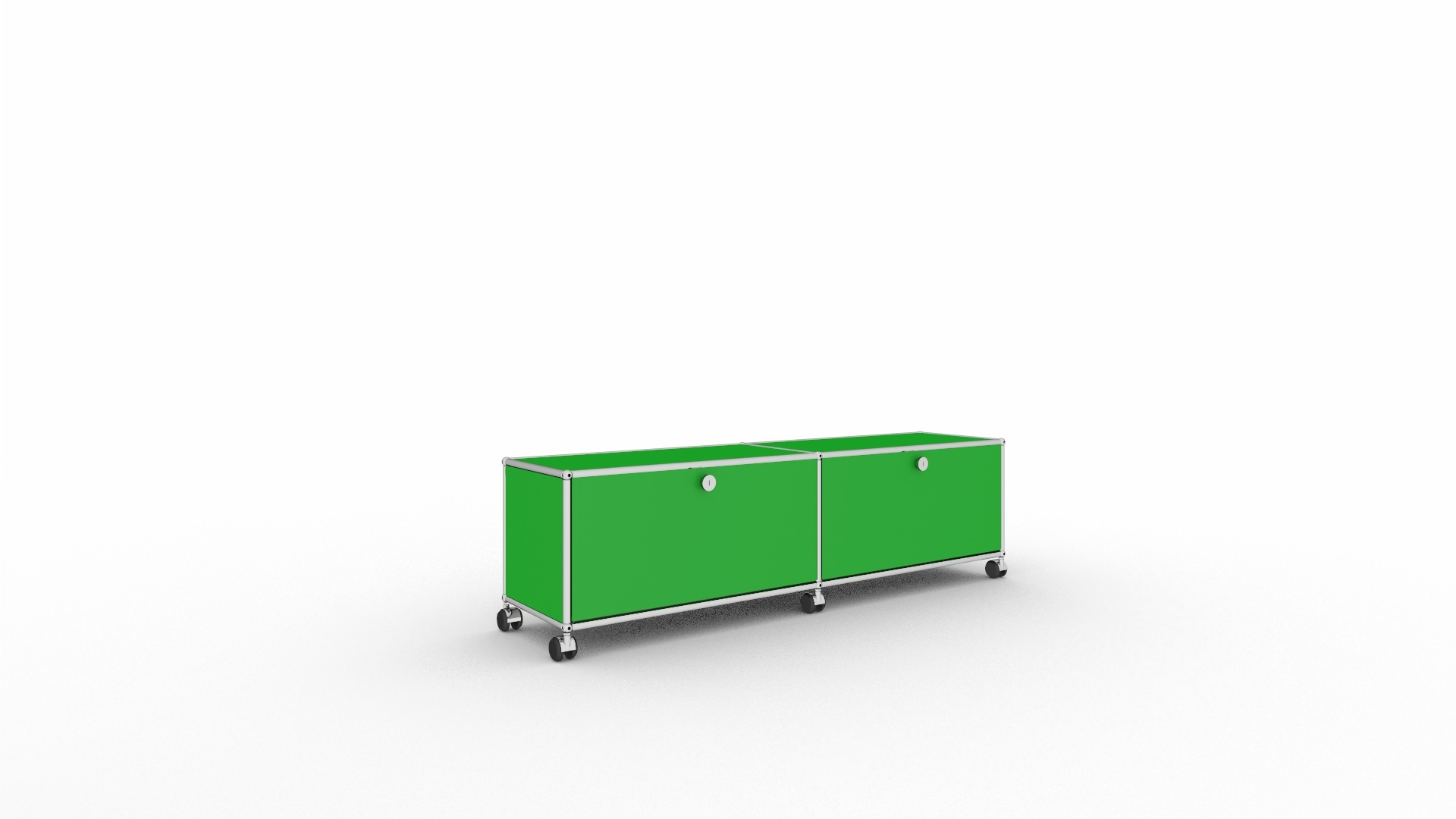 USM Haller Lowboard in Grün mit zwei Fächern und Rollen für TV und Wohnzimmer.