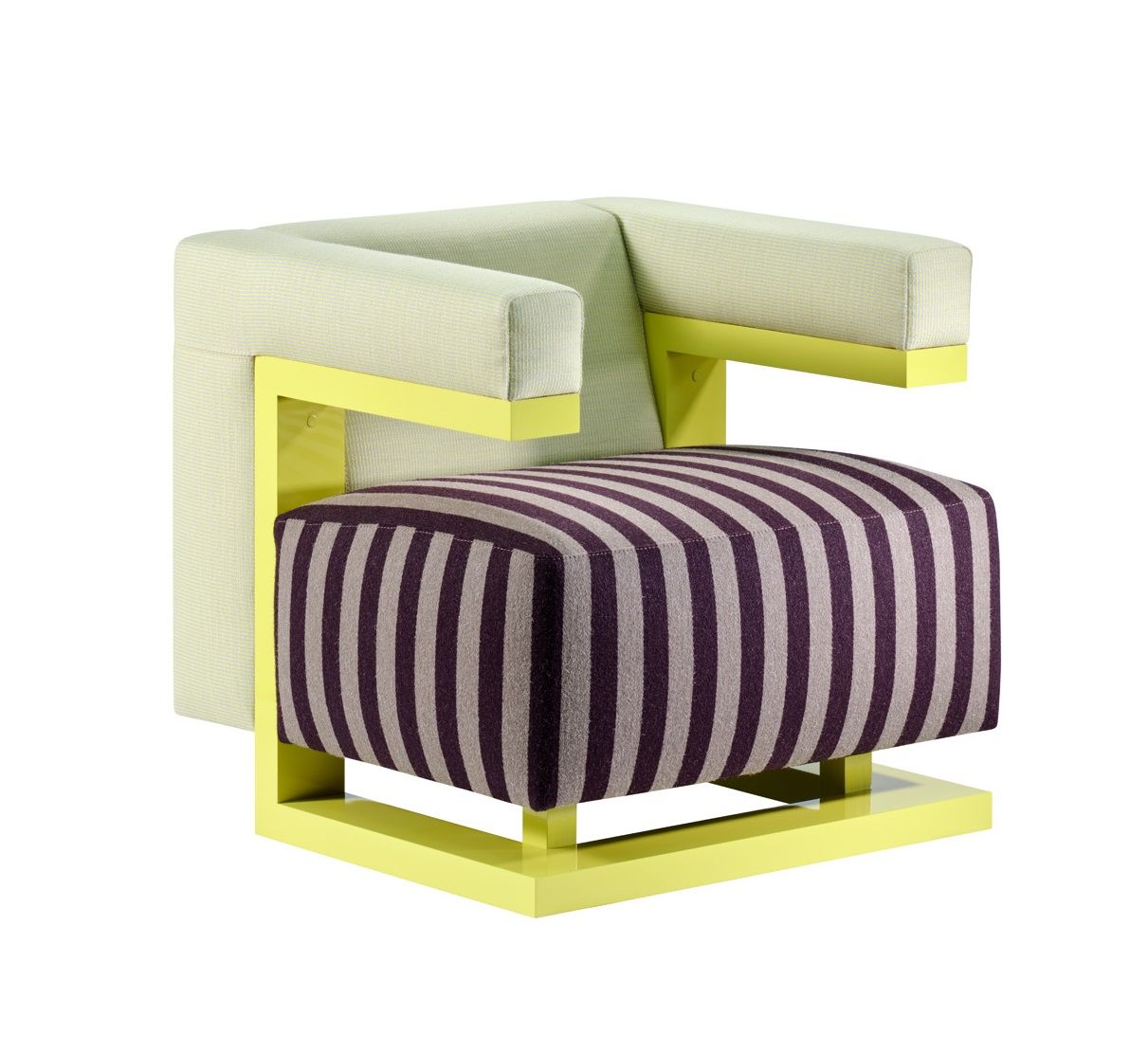 F51N Sessel Bauhaus Edition 2023 Tecta: Moderner Sessel mit Streifenmuster und gelbem Gestell. Designklassiker für Wohnzimmer.