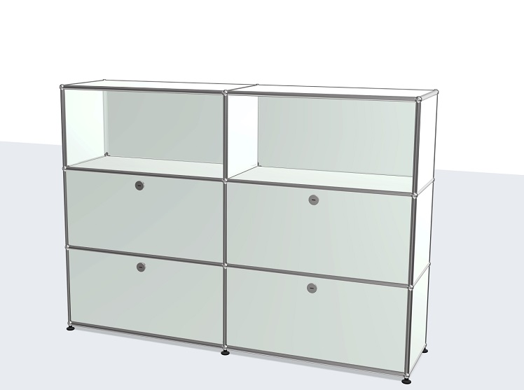 USM Haller Sideboard in Lichtgrau mit vier Klappen, modulare Aufbewahrungslösung für modernes Wohnen und Büro.