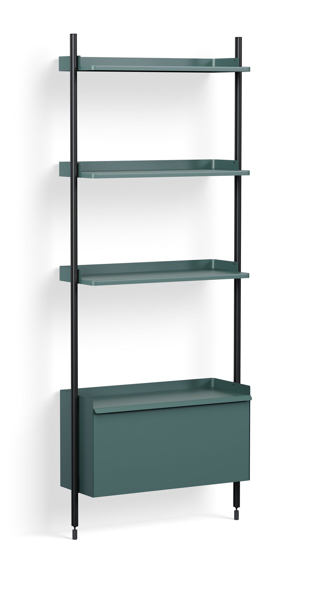 Hay Pier System Regal mit Stahlblau-farbenen Regalböden und schwarzer Metallsäule. Modernes Wandregal.