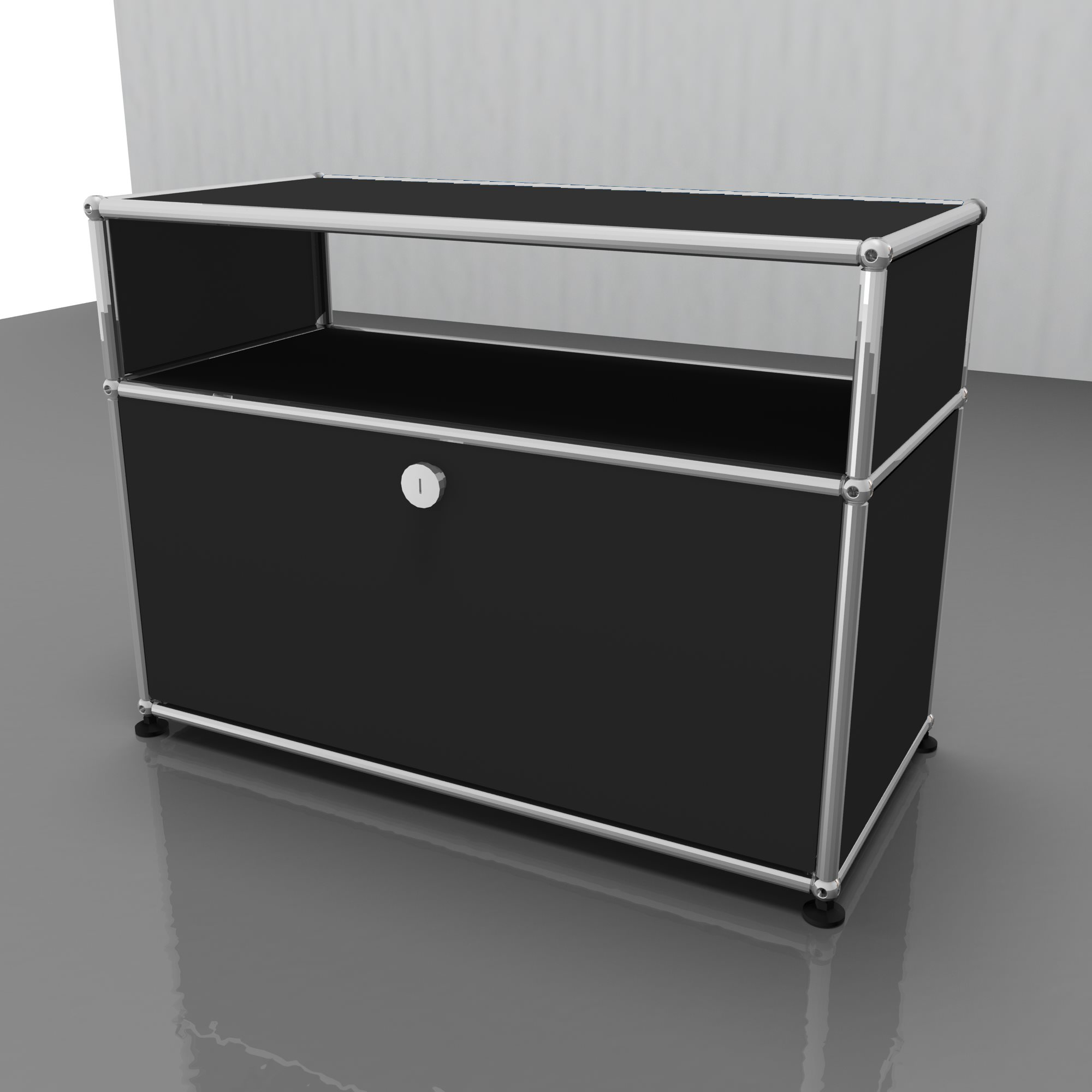 USM Haller Möbel: Anthrazitgrauer Beistelltisch mit Schublade und verchromtem Gestell für modernes Wohnen.