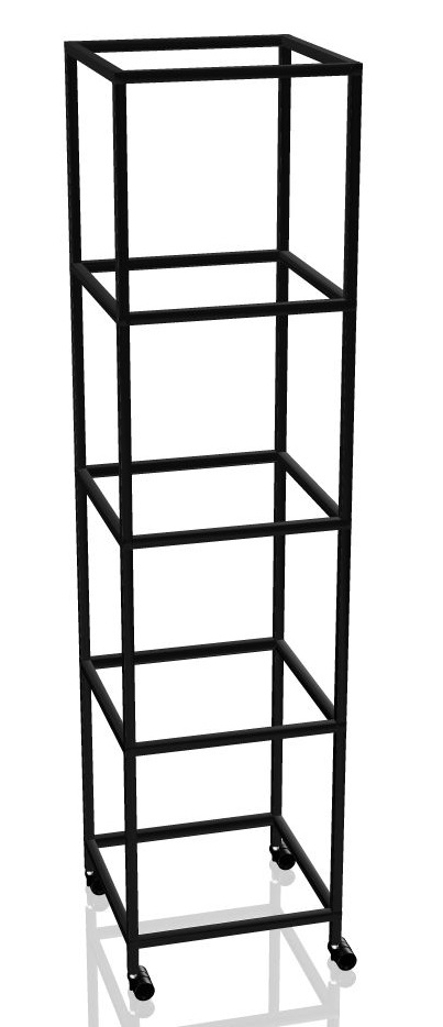 Schwarzes P4 Regal mit vier Fächern und Rollen. Modernes Palmberg Regal für Büro und Wohnen.