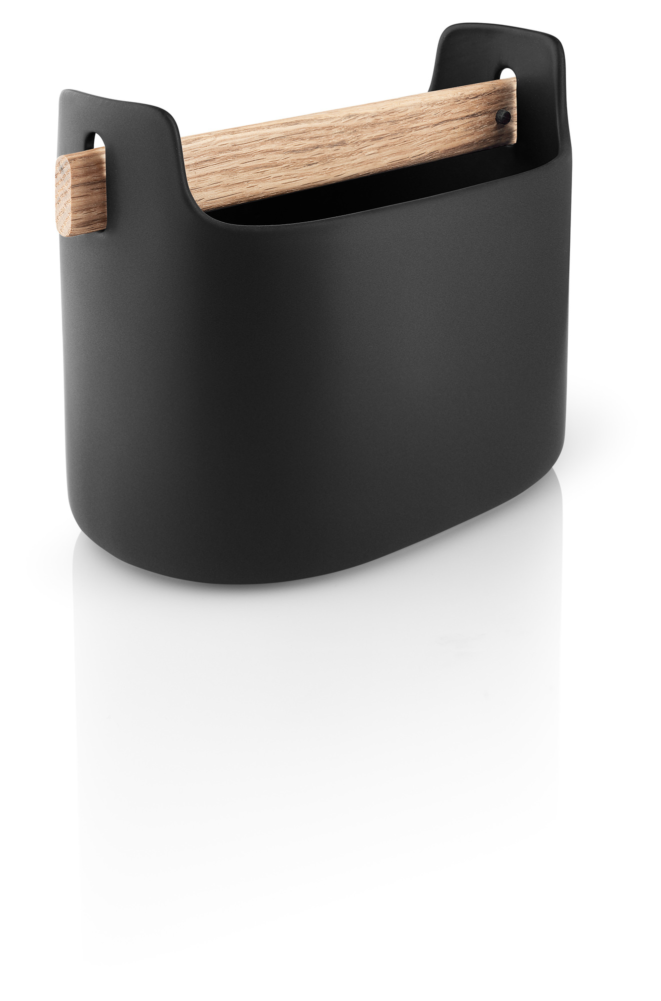 Schwarze Eva Solo Toolbox mit Holzgriff, eine moderne Aufbewahrungslösung für Büro, Küche oder Werkstatt.