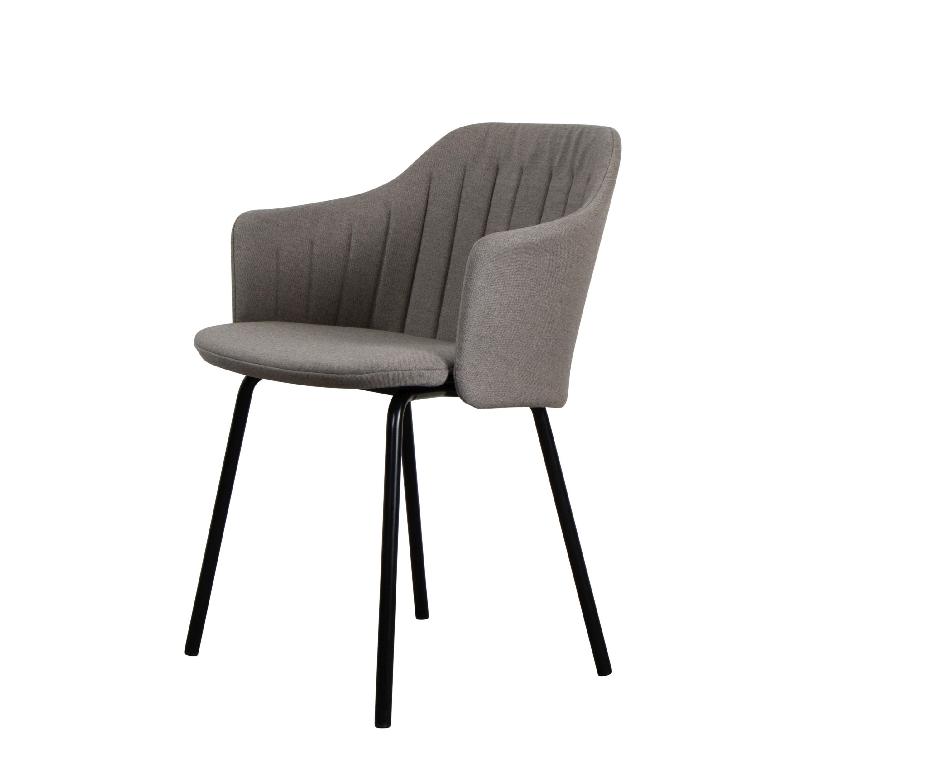 Choice Stuhl mit taupefarbenem Rückenbezug von Cane-Line, moderner Esszimmerstuhl mit Armlehnen und schwarzem Gestell.