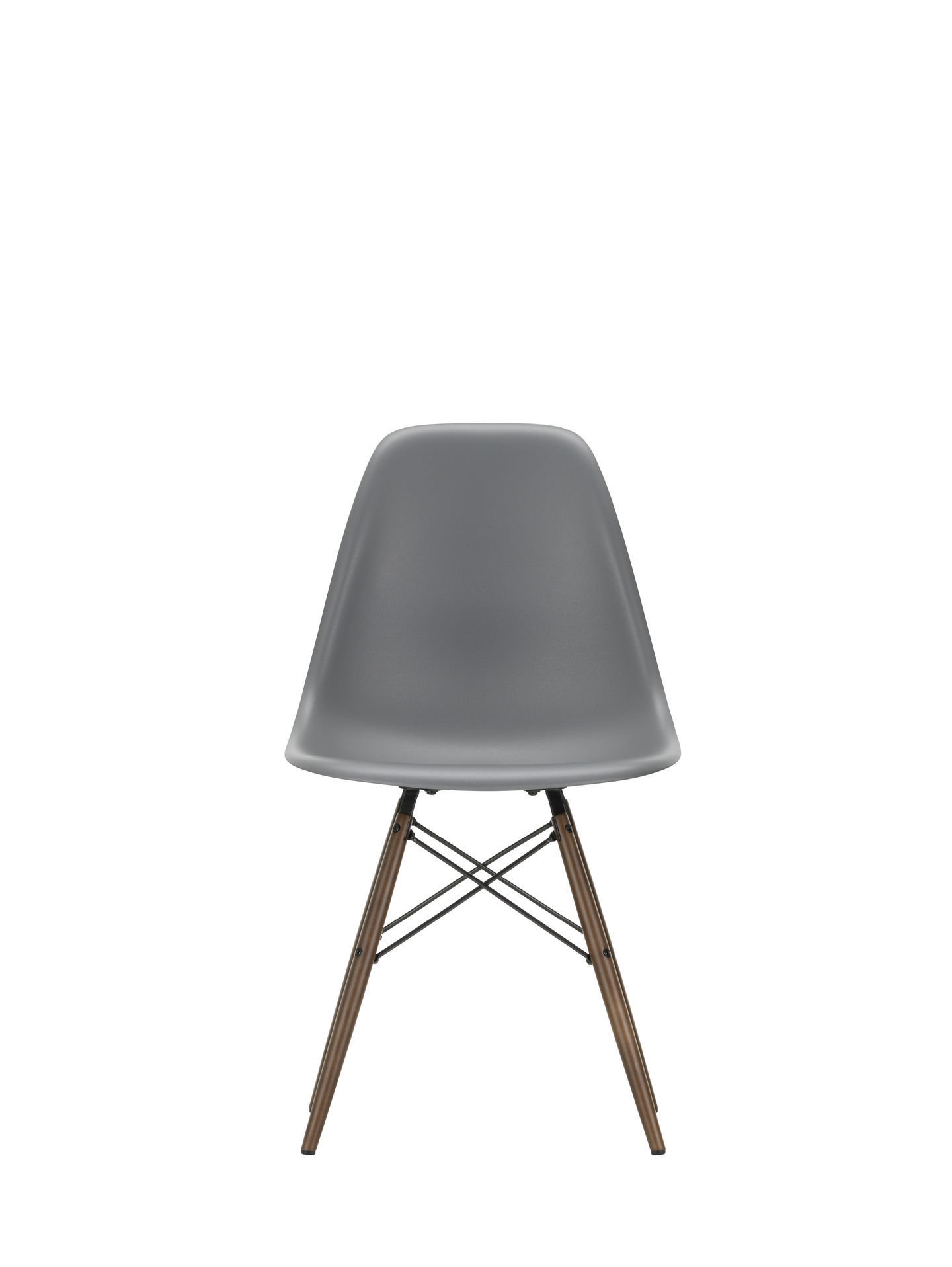 Grauer Eames DSW Stuhl mit Ahorn-Holzbeinen und schwarzem Metallgestell, Ansicht von vorne.