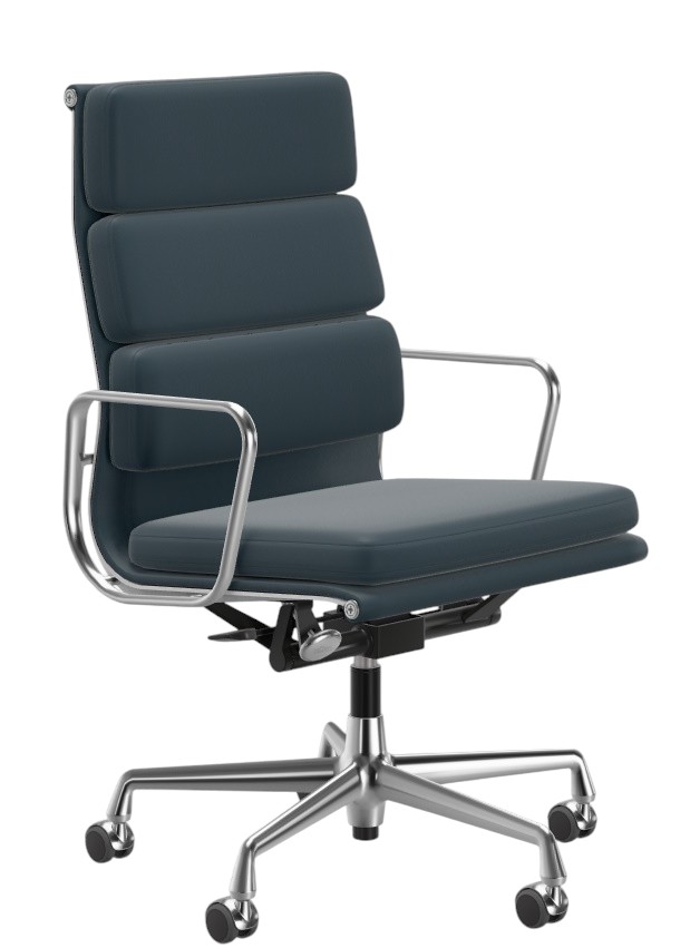 Soft Pad Chair EA219 / EA 219 Sessel VERCHROMT / LEDER PREMIUM MIT KONTRASTNAHT RAUCHBLAU Vitra EINZELSTÜCK