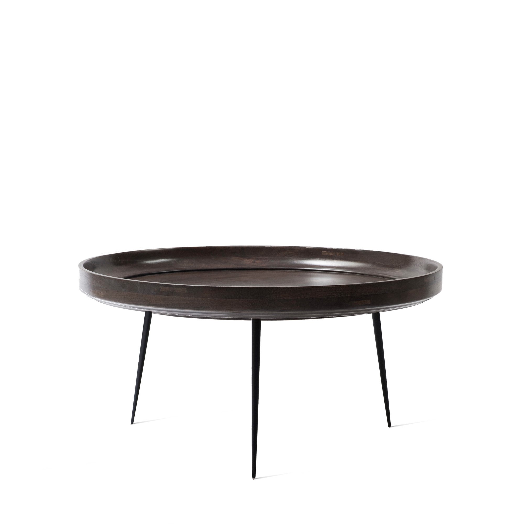 Bowl Table aus Mangoholz in Sirka Grau, extra großer Couchtisch mit schwarzen Metallbeinen.