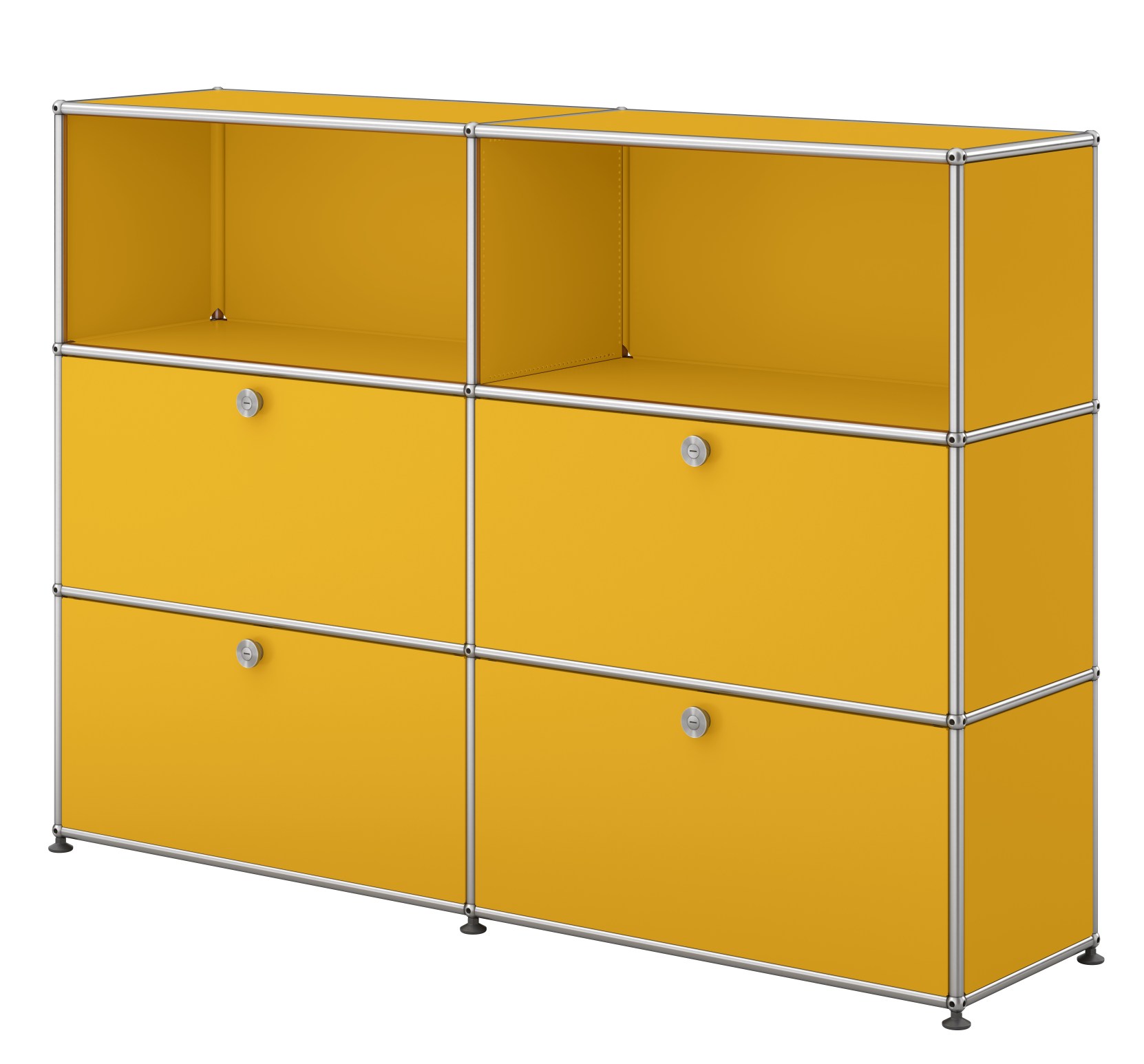 USM Haller Sideboard in Goldgelb mit vier Klappen und offenen Fächern, modernes modulares Design.