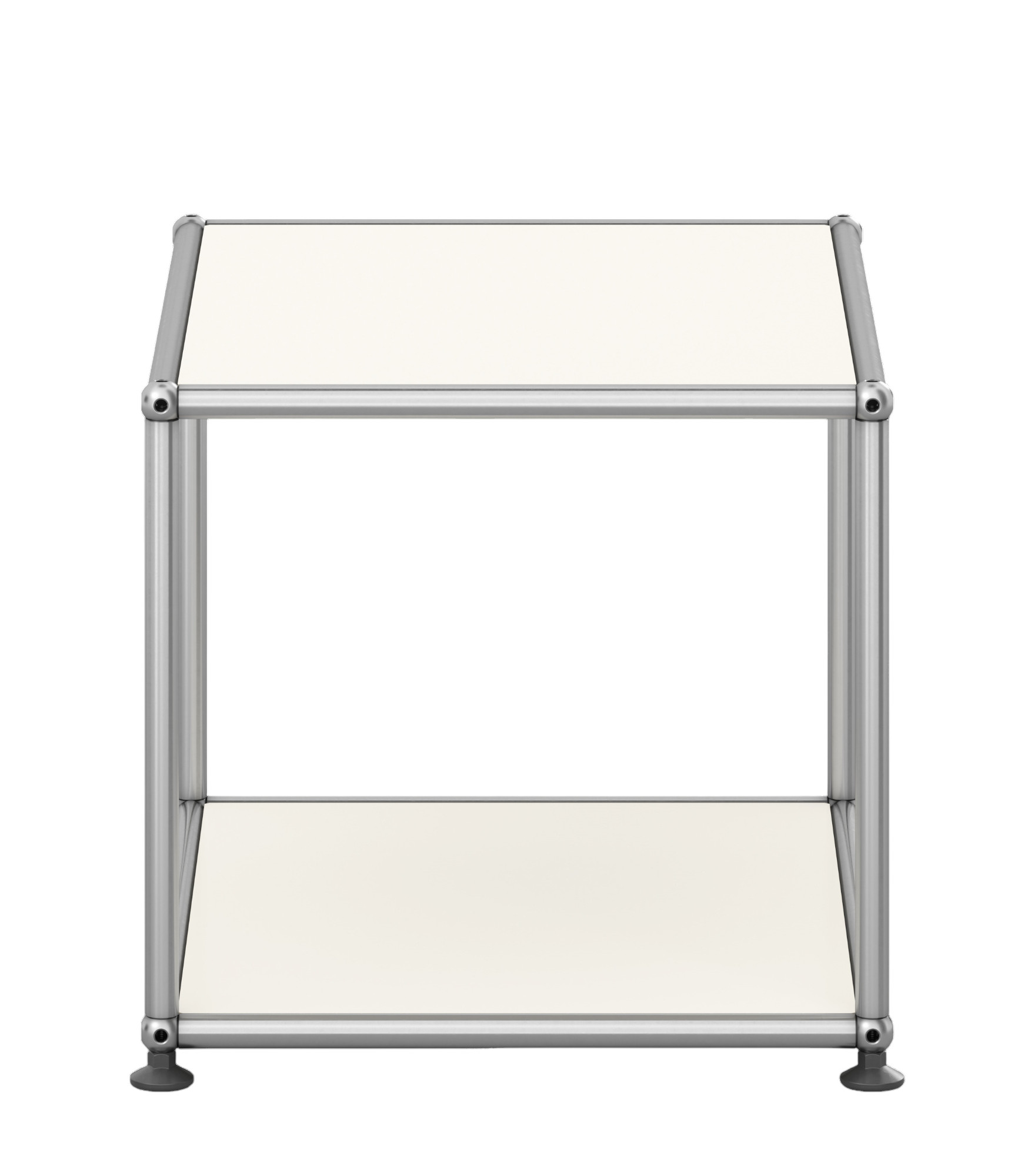 USM Haller Beistelltisch in Reinweiß, offenes Design mit zwei Ablageflächen, modernes Möbelstück für Wohnraum.