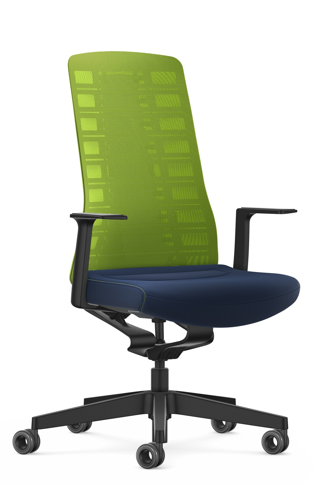 Pure Edition Active Bürostuhl von Interstuhl: Grün-blauer Drehstuhl mit atmungsaktiver Rückenlehne und Rollen.