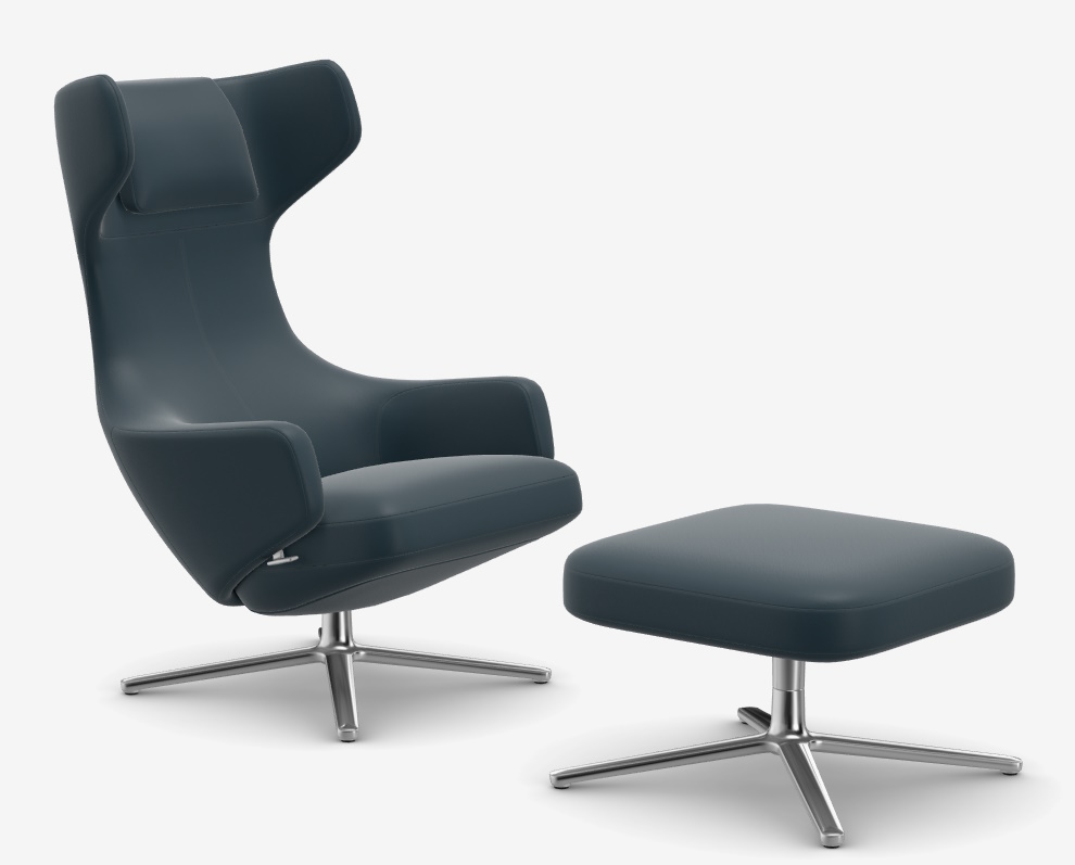 Grand Repos Sessel + Ottoman NIEDRIG / LEDER PREMIUM MIT KONTRASTNAHT RAUCHBLAU Vitra EINZELSTÜCK