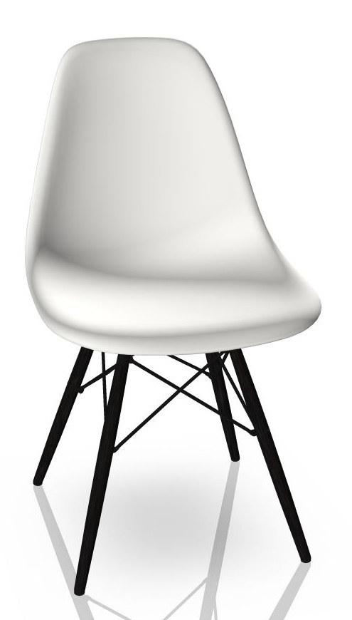 Weißer Eames Plastic Side Chair DSW Stuhl mit schwarzem Ahorn-Holzgestell von Vitra. Designklassiker für Esszimmer.