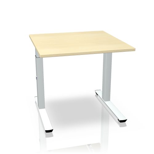 Crew Schreibtisch von Palmberg, höhenverstellbarer Bürotisch mit heller Tischplatte und silbernem Gestell.