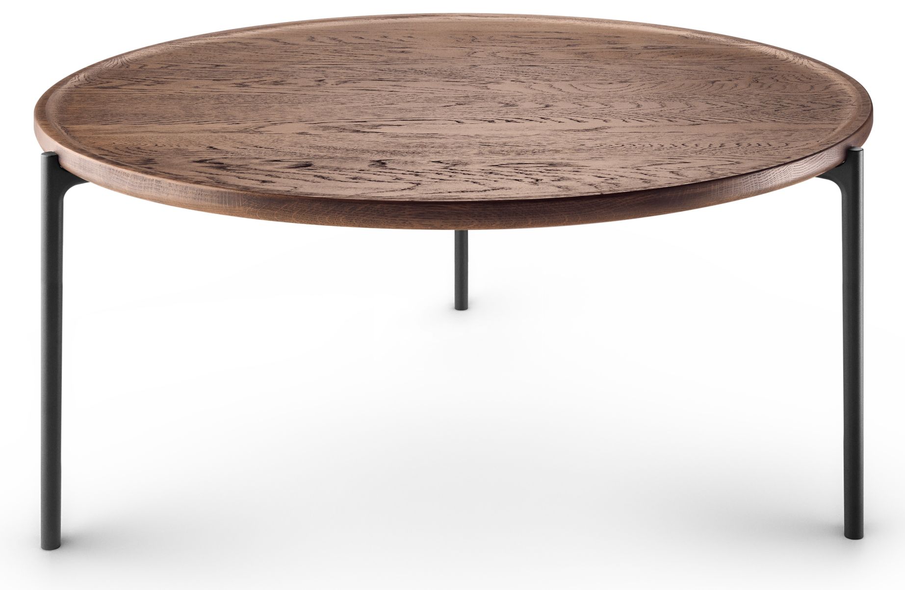 Savoye Tisch: Runder Couchtisch aus geräucherter Eiche mit schwarzem Metallgestell von Eva Solo.