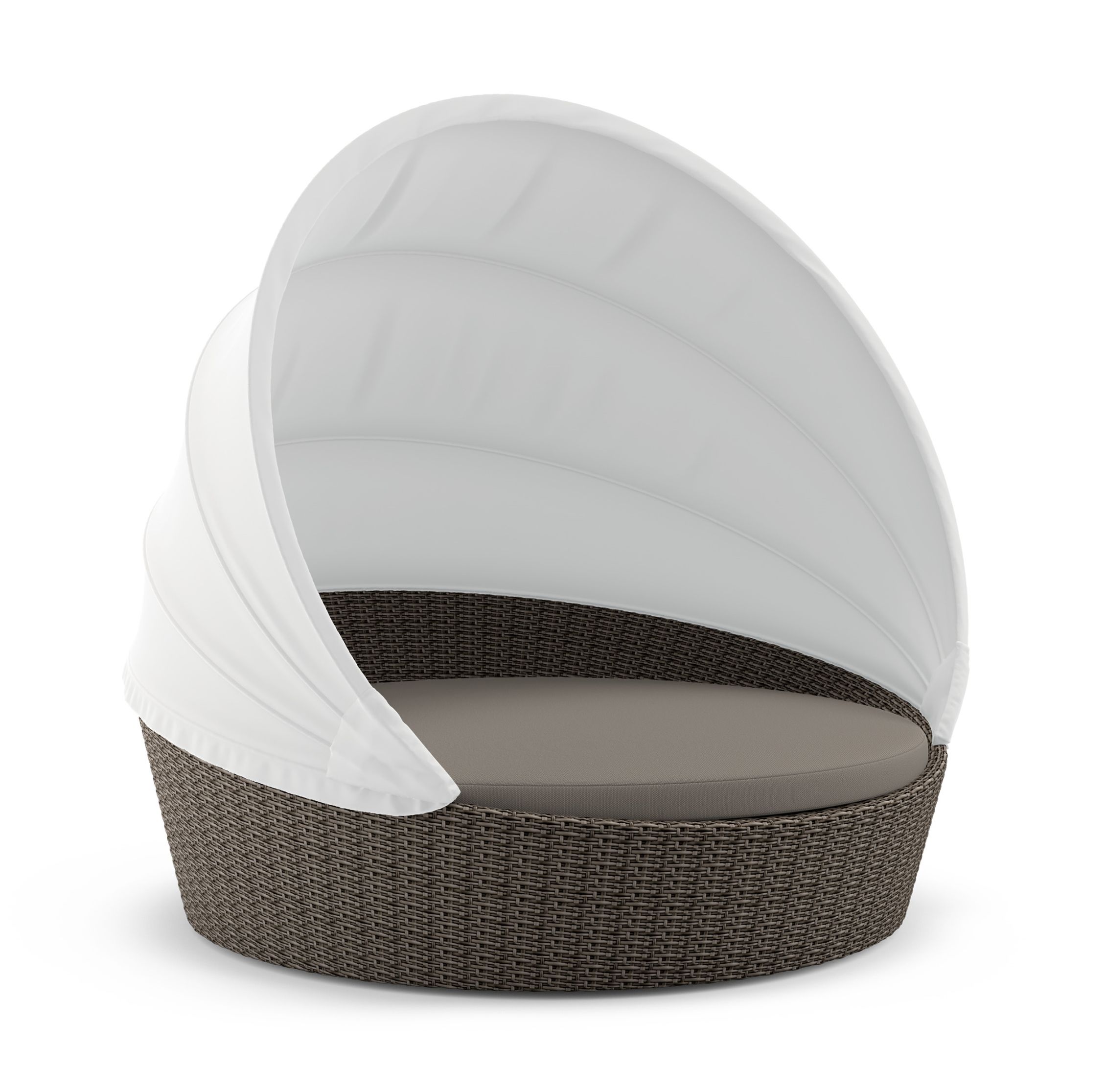 Orbit XXL Sofainsel von Dedon mit weißem Verdeck, braunem Korbgeflecht und beiger Sitzfläche.