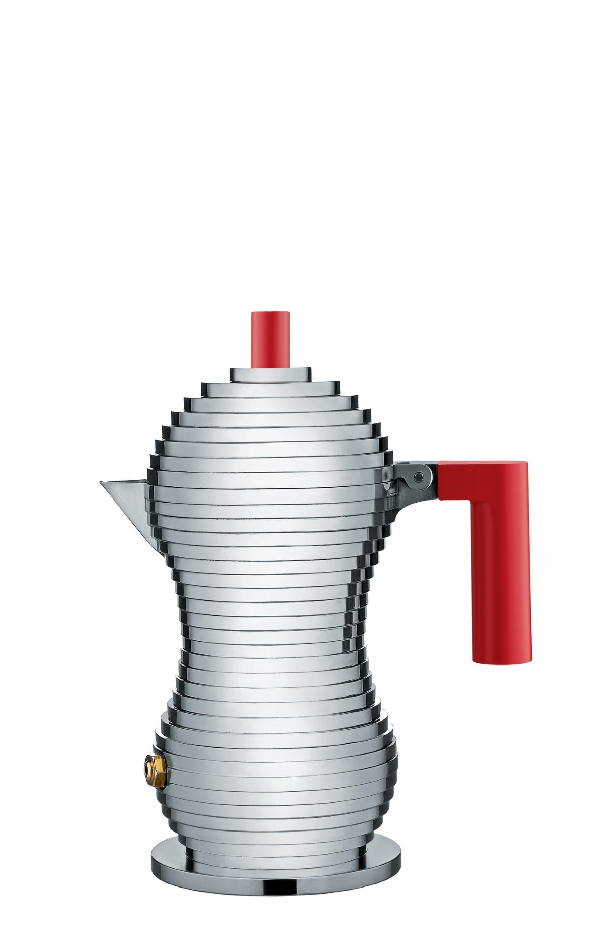 Alessi Pulcina Espressokocher MDL02 aus Aluminium mit rotem Griff und Knopf. Italienisches Design.