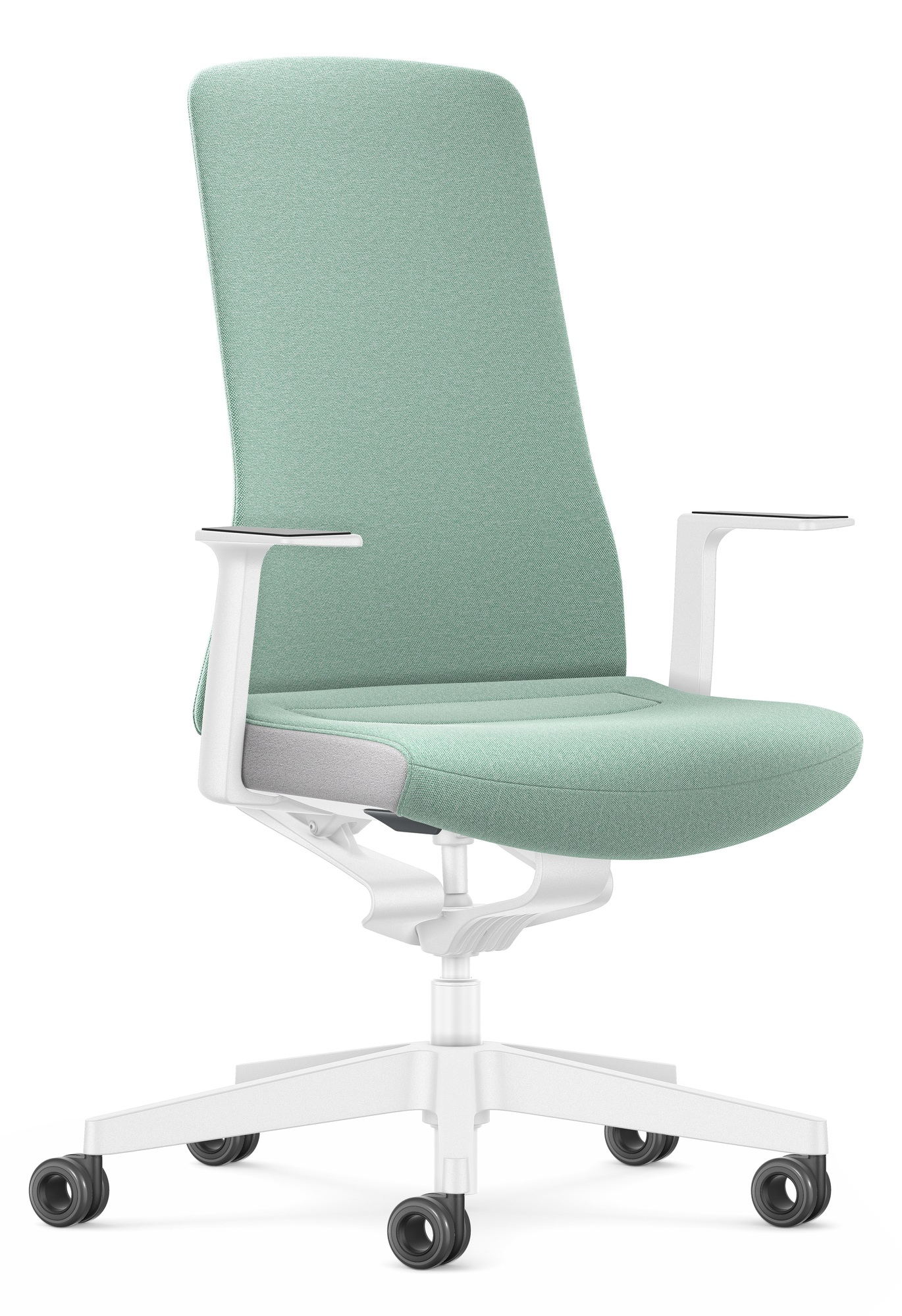 Türkiser Interstuhl Bürodrehstuhl mit weißem Gestell und Armlehnen für ergonomisches Sitzen im Büro.