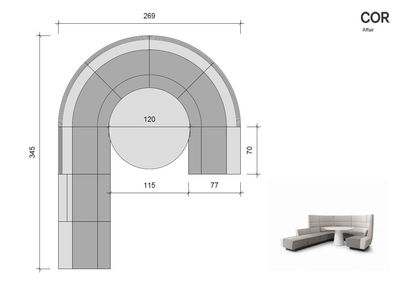 Affair Sofa Cor: Technische Zeichnung mit Maßen und Ansicht des modularen Sofasystems.