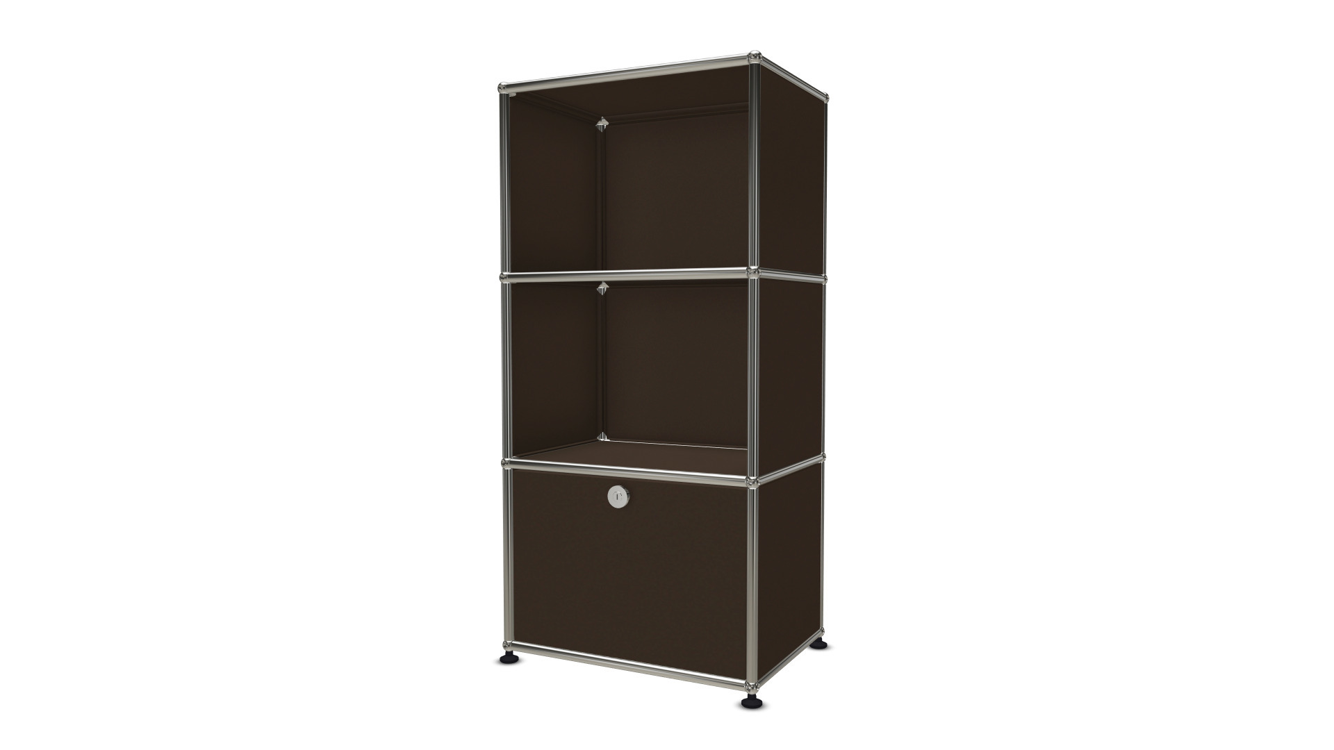 USM Haller Regal in Braun mit Ausziehtür, modernes modulares Möbeldesign für Wohnzimmer und Büro.