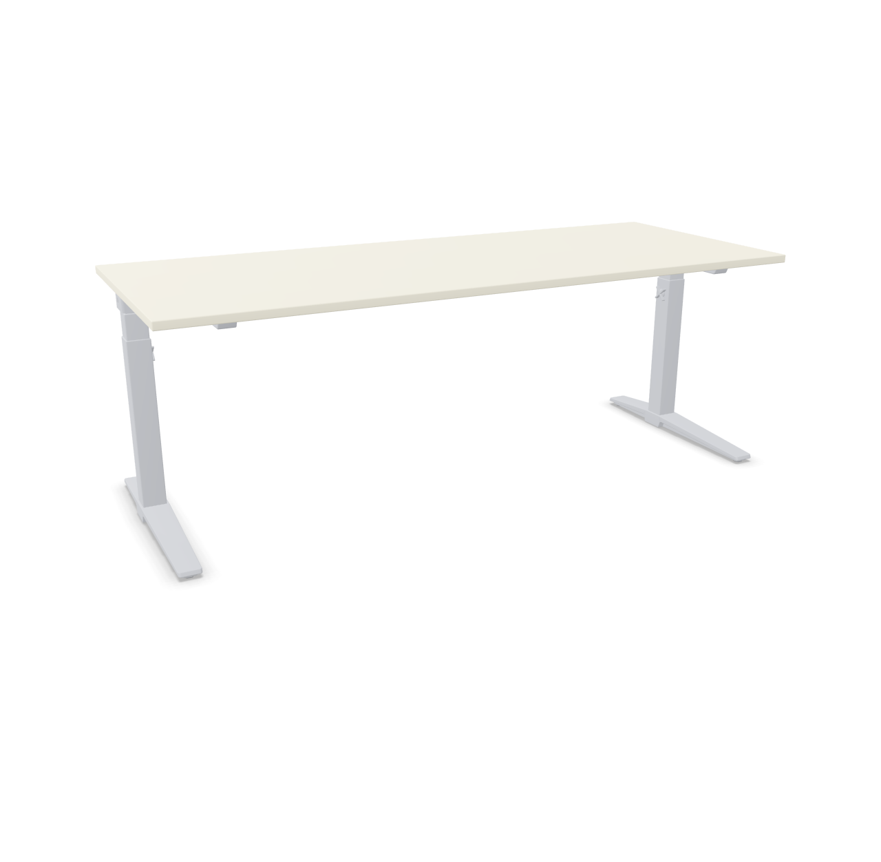 TALO.S Schreibtisch von König+Neurath, höhenverstellbar mit hellem Tischblatt und silberfarbenem Gestell, freigestellt auf weißem Hintergrund.