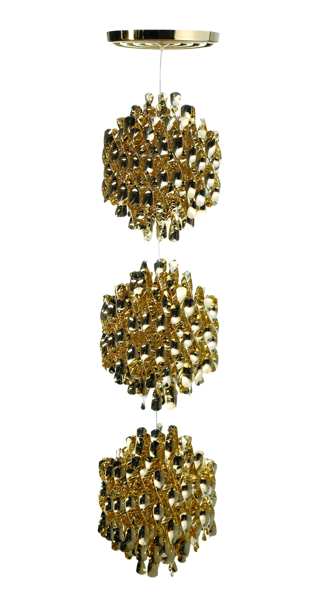 Goldene Spiral Pendelleuchte, dreiteilige Hängeleuchte für Wohnzimmer und Esszimmer. Dekorative Lampe.