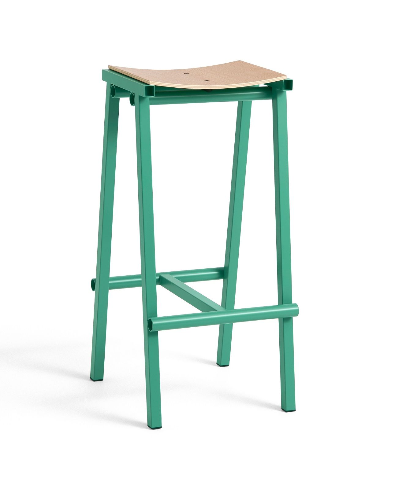 Grüner Barhocker "Taburete 8" von Hay mit hellem Holz-Sitz, modernes Design für Küche und Bar.