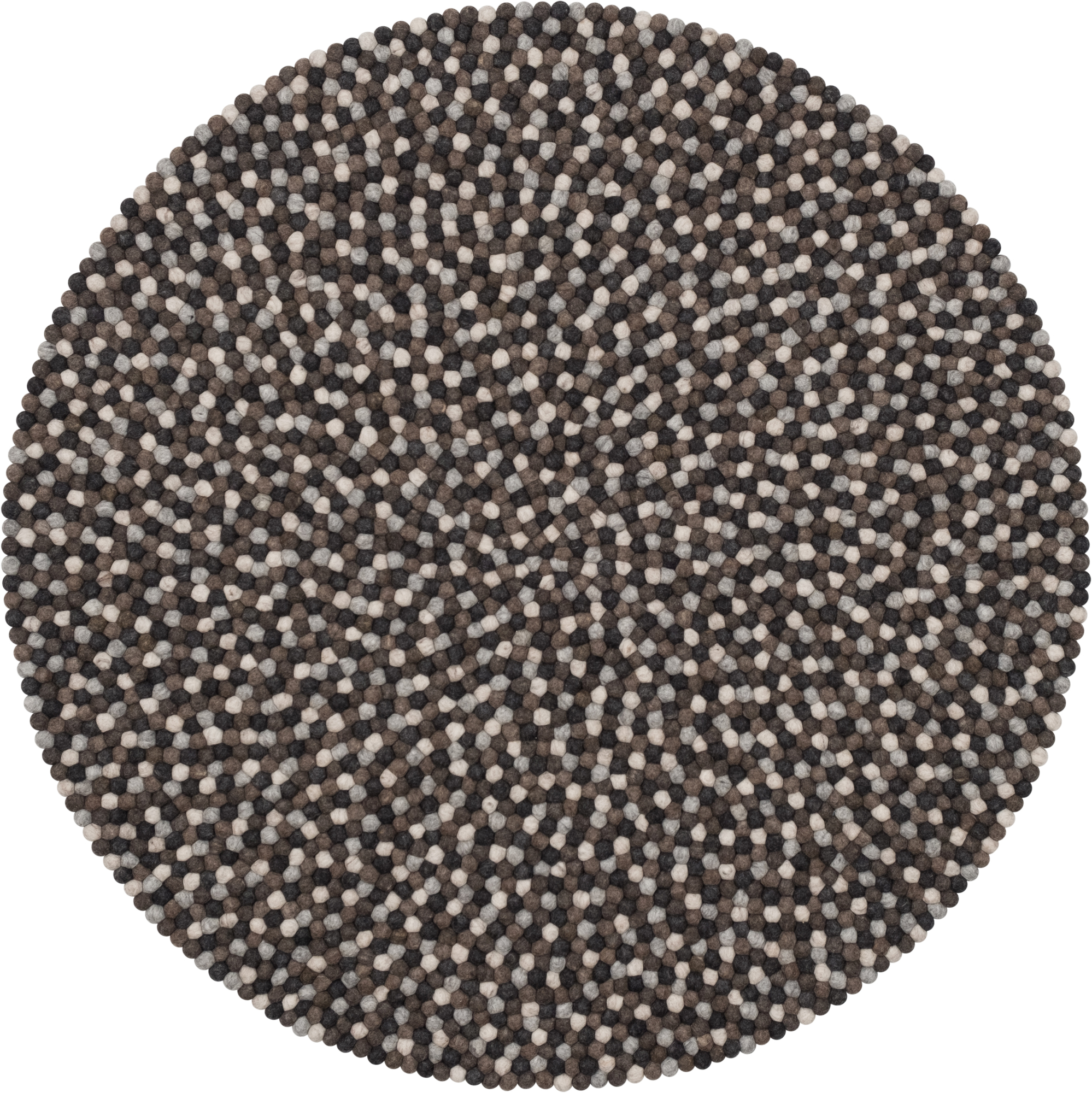 Runder Filzkugel Teppich "Nela" in Grau- und Beigetönen, Durchmesser 180 cm, handgefertigt.