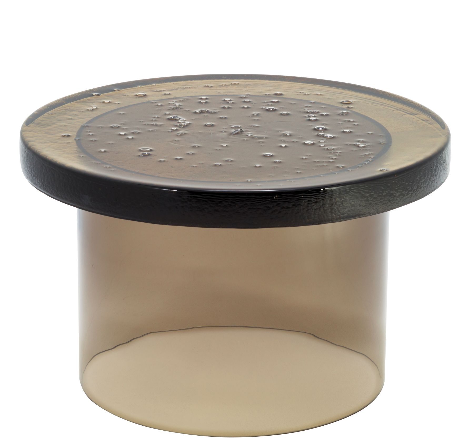 Alwa Couchtisch in Rauchgrau: Runder Beistelltisch aus Glas mit Lufteinschlüssen für Wohnzimmer.