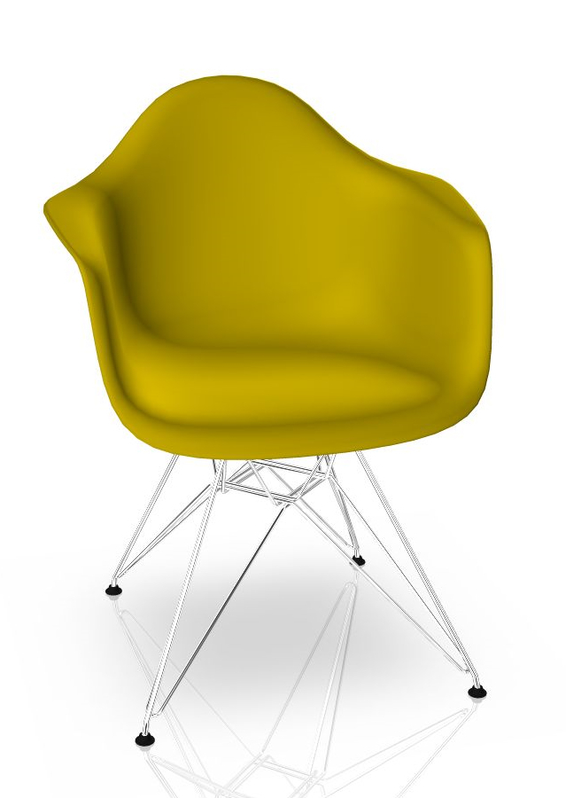 Vitra Eames Plastic Arm Chair DAR Stuhl in Senfgelb mit verchromtem Gestell.