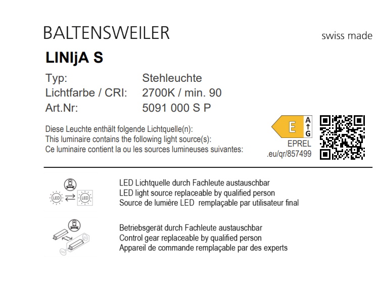 Produktinformationen zur Baltensweiler LINIjA S Stehleuchte: Typ, Lichtfarbe, Artikelnummer und Energieeffizienzklasse.