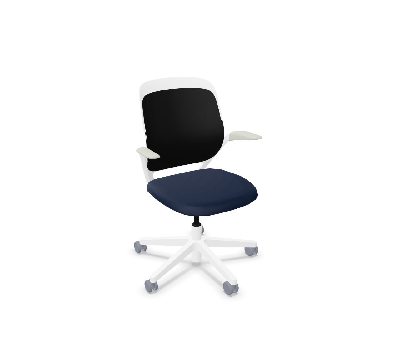 Weißer cobi Konferenzstuhl von Steelcase mit blauer Sitzfläche und schwarzer Rückenlehne, ideal für Büro und Konferenzräume.