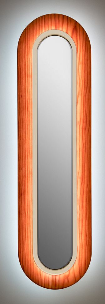 Lens LED Wandleuchte von LZF Lamps: Ovaler Metallring in Elfenbeinweiß und Kirschholz.