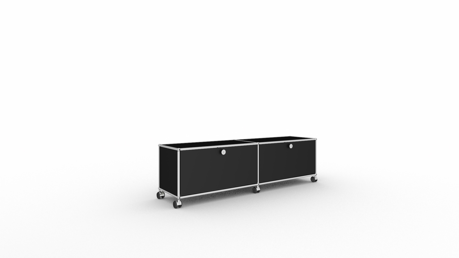 Schwarzes USM Haller Lowboard mit zwei Fächern und Rollen für das Wohnzimmer.