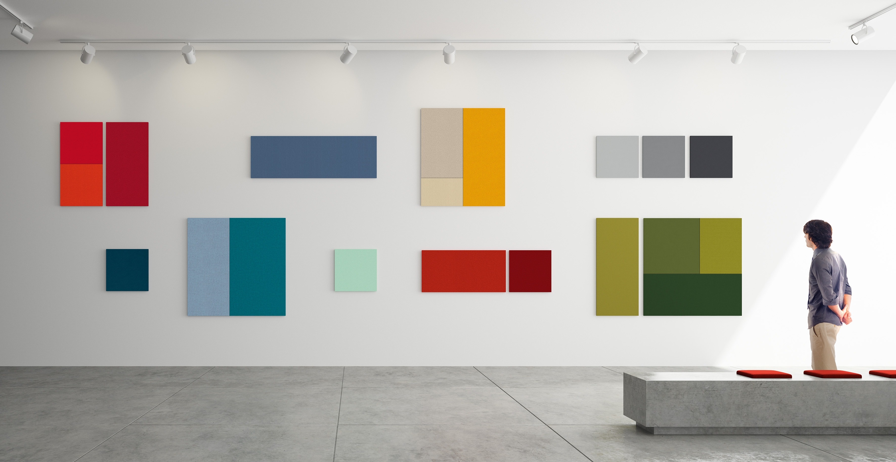 Wandgestaltung mit Palmberg Terio Plus Akustikpaneelen in verschiedenen Farben und Formen im modernen Büro, Schallschutz.