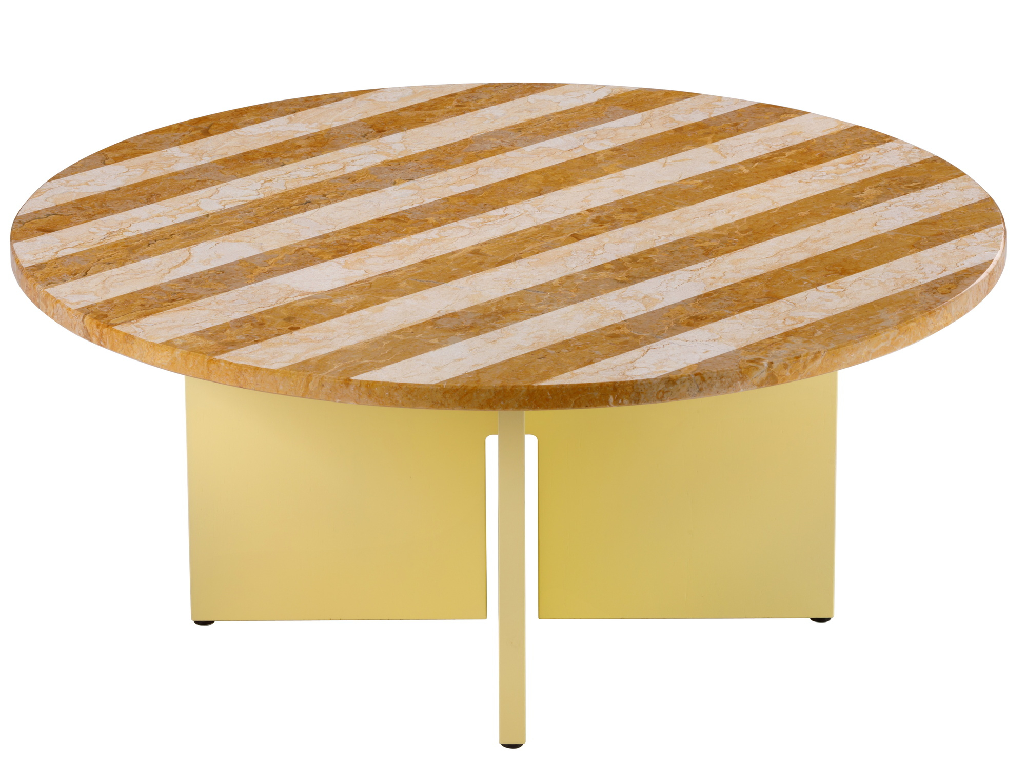 Sediment Coffee Table mit runder Marmorplatte in Giallo Reale und gelbem Untergestell. Moderner Couchtisch.