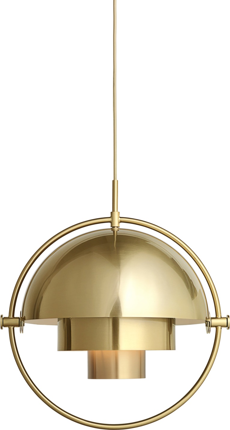 Gubi Multi-Lite Pendelleuchte aus Messing: Moderne Hängelampe mit goldenem Schirm und filigranem Gestell.