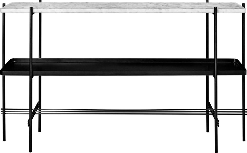 TS Konsole von Gubi mit schwarzem Tablett und edler Tischplatte aus Marquina Marmor.