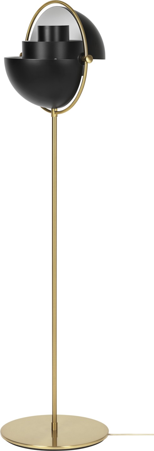Multi-Lite Stehleuchte von Gubi in Schwarz und Messing, modernes Design für Wohnzimmer.