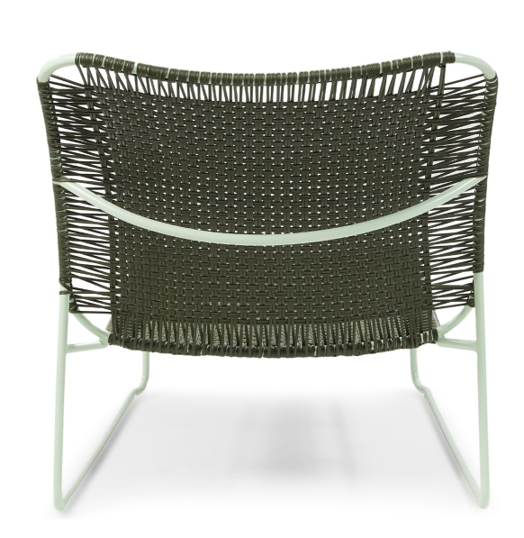 Rückansicht des Cielo Daybeds: Olivegrüne Liege mit pastellgrünem Rahmen für den Outdoor-Bereich.