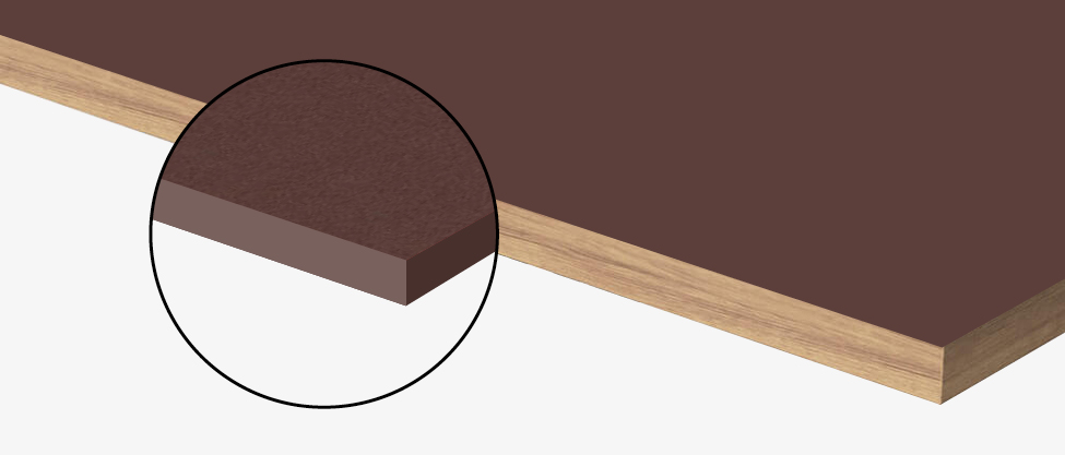 Detailansicht: Braune Eiermann Tischplatte mit Linoleum-Oberfläche und Holzkante, geeignet für Schreibtische.