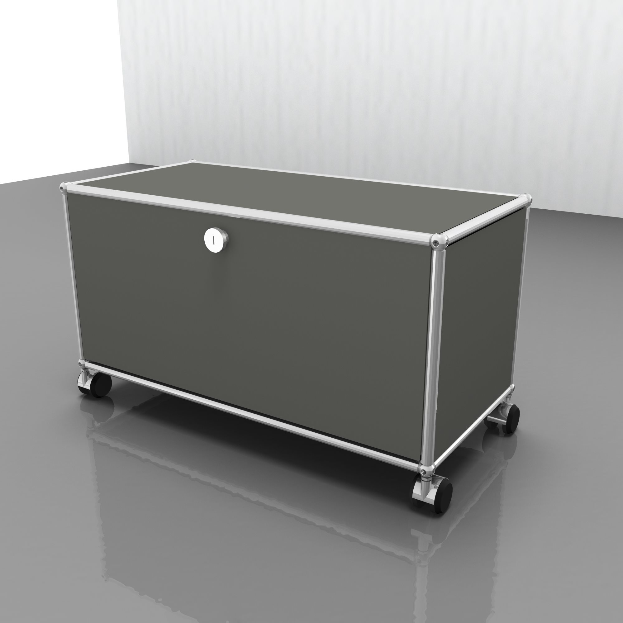 USM Haller Möbel in Mittelgrau: TV- und Hi-Fi-Möbel mit Rollen für modernes Wohnzimmerdesign.