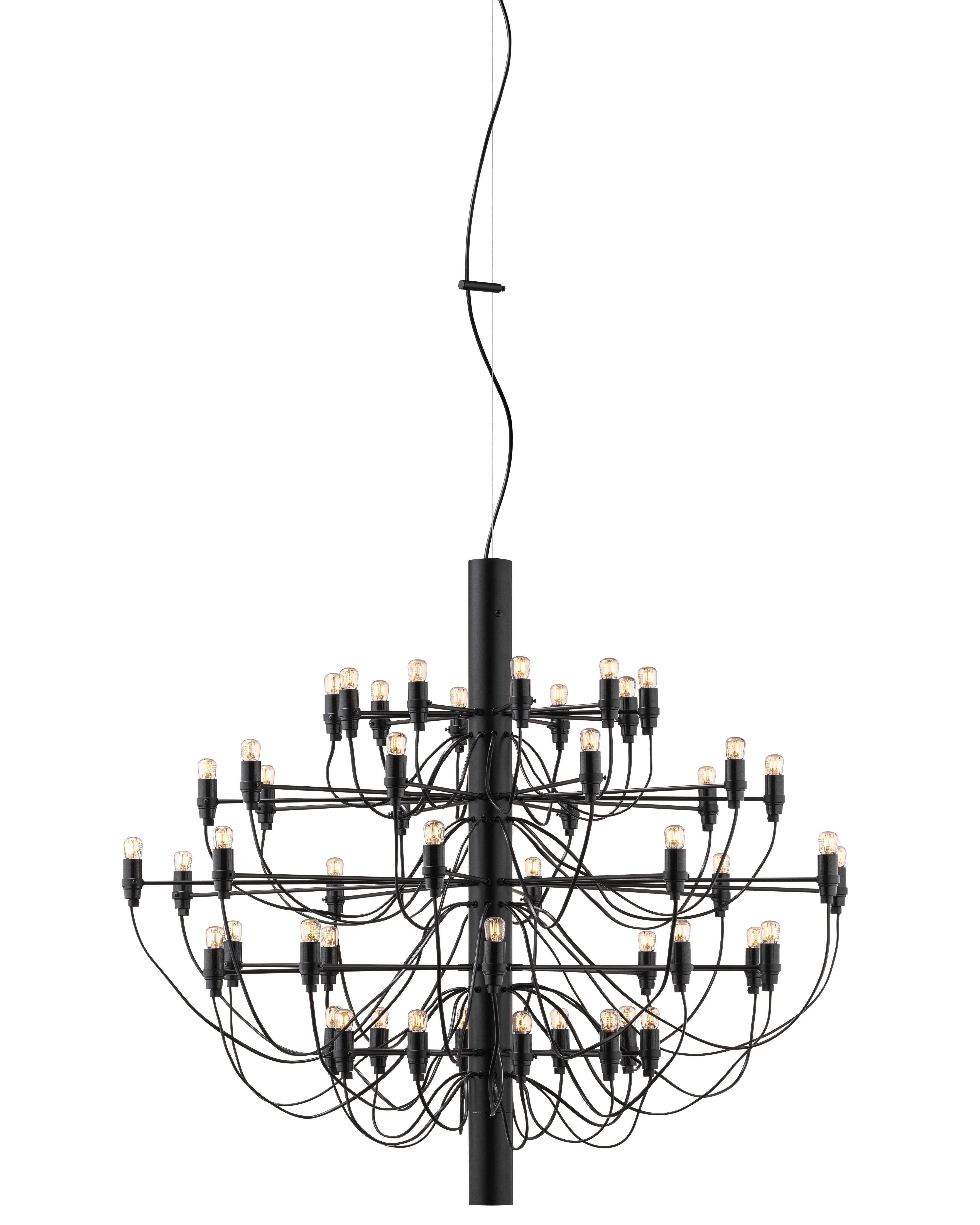 Schwarzer Flos Kronleuchter 2097/50 mit klaren Glühbirnen, moderne Deckenleuchte für stilvolle Innenräume.