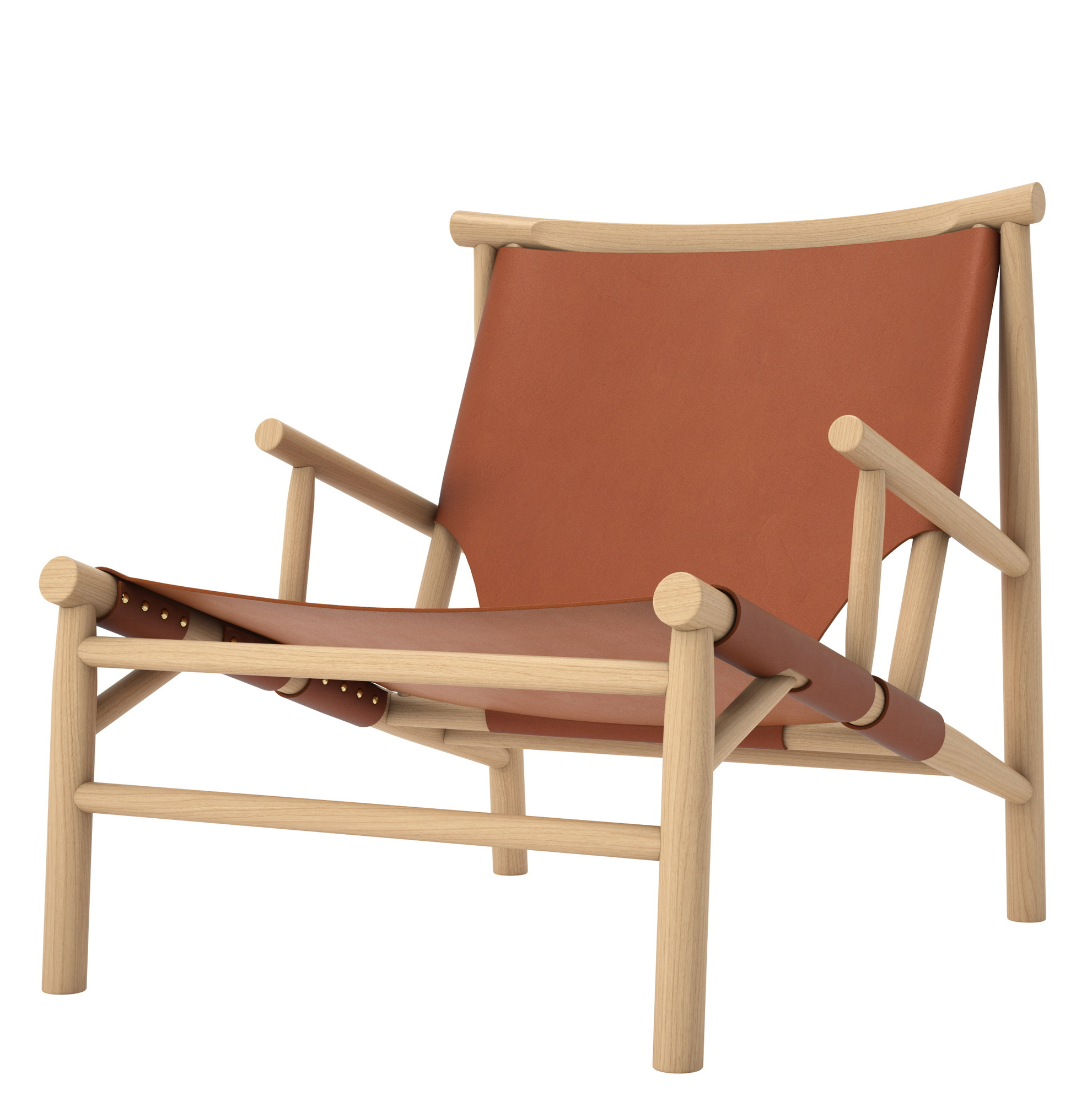 Samurai Chair Sessel mit Cognac Leder und hellem Holzgestell, modernes Möbeldesign.