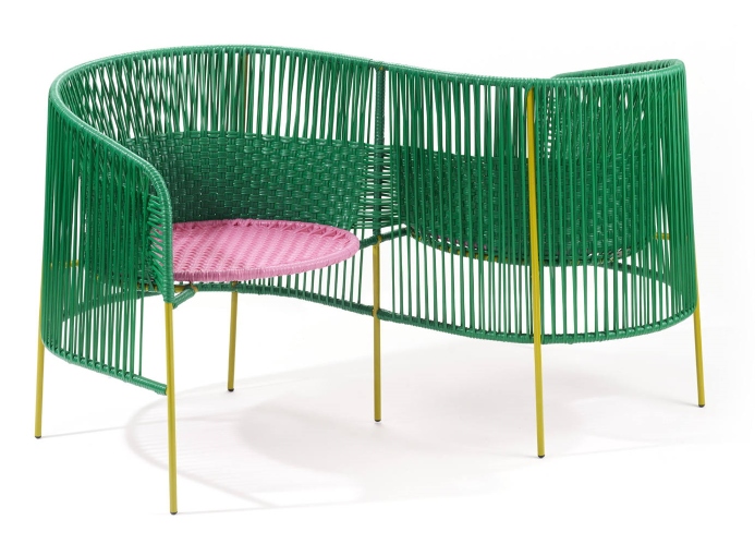 Caribe Vis a Vis Bench Bank Outdoor ames Smaragdgrün / Kaugummirosa / Currygelb