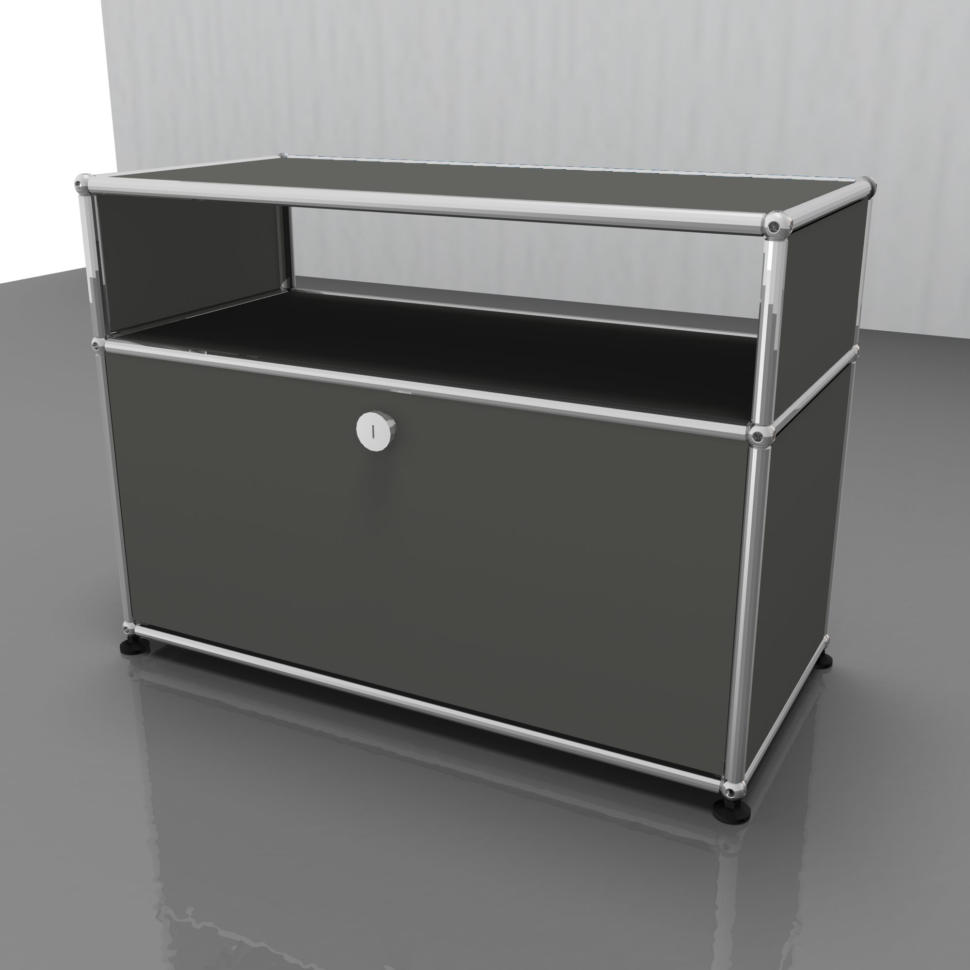 USM Haller Beistelltisch in Mittelgrau mit einer Schublade und offenem Fach, modernes Designmöbel.