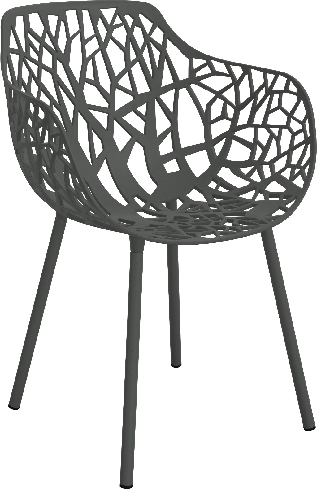Grauer Forest Outdoor Sessel mit filigranem Design und vier Beinen für Garten und Terrasse.