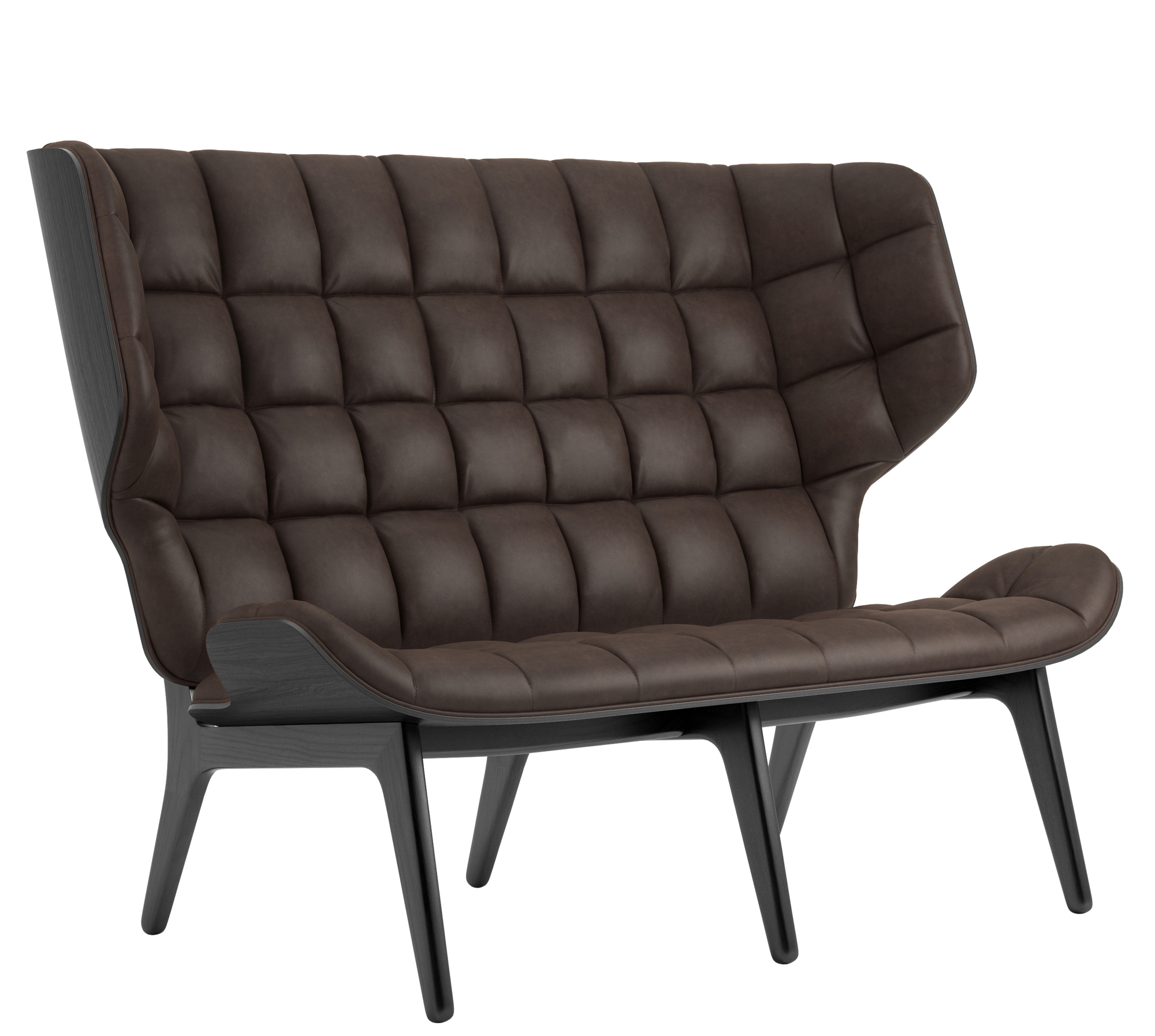 Mammoth Sofa mit braunem Lederbezug und schwarzem Eichengestell. Design Sofa für Wohnzimmer.
