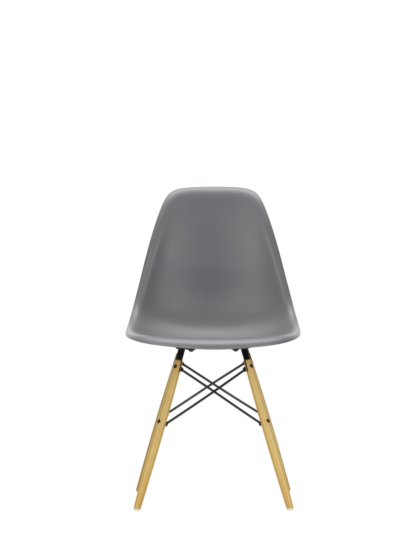 Grauer Eames DSW Stuhl mit Ahorn-Holzbeinen und schwarzem Metallgestell, Ansicht von hinten. Designklassiker.