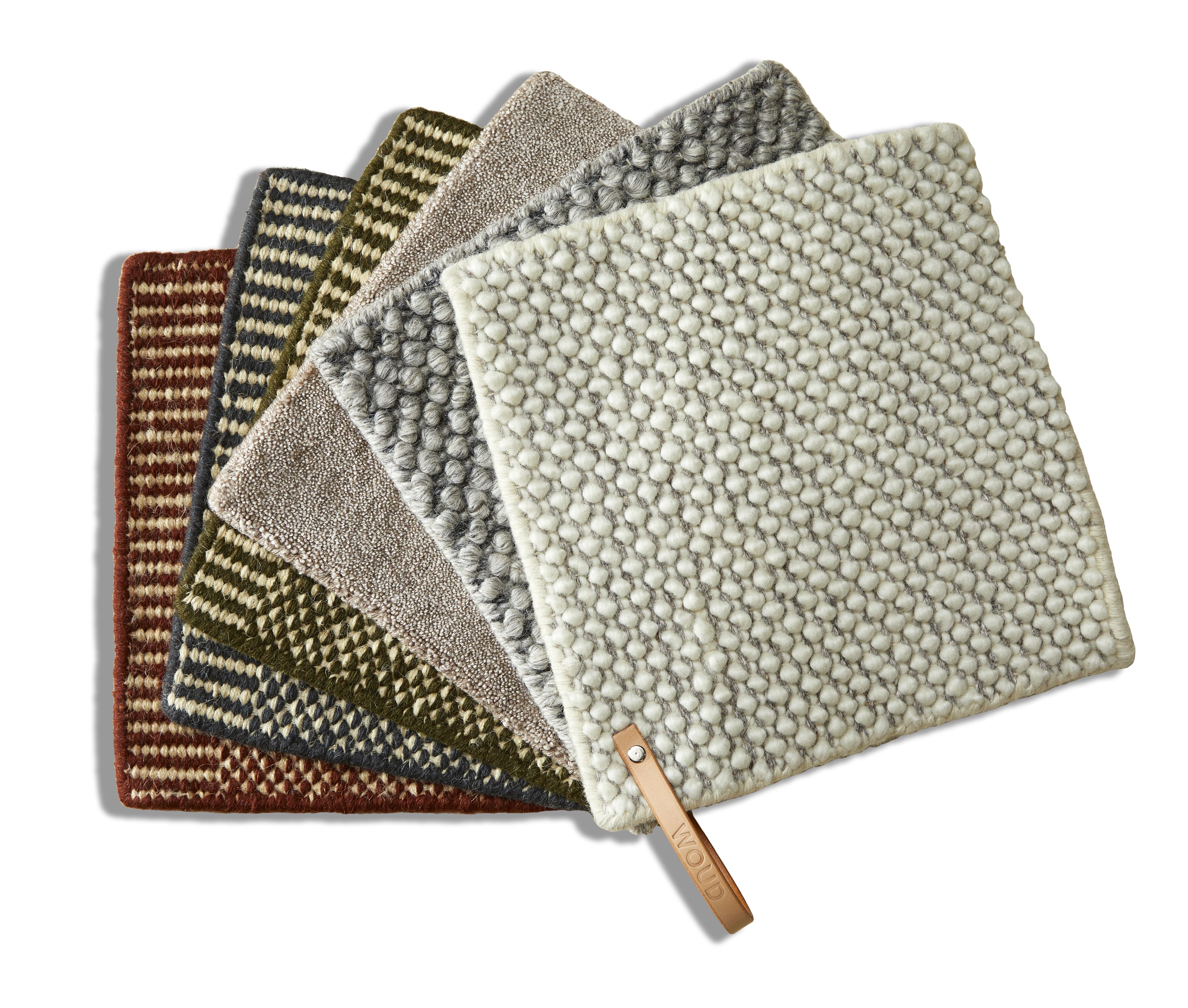 Teppich Mustersatz von Woud: Rombo, Kyoto, Tint und Tact Teppichmuster in verschiedenen Farben und Texturen.