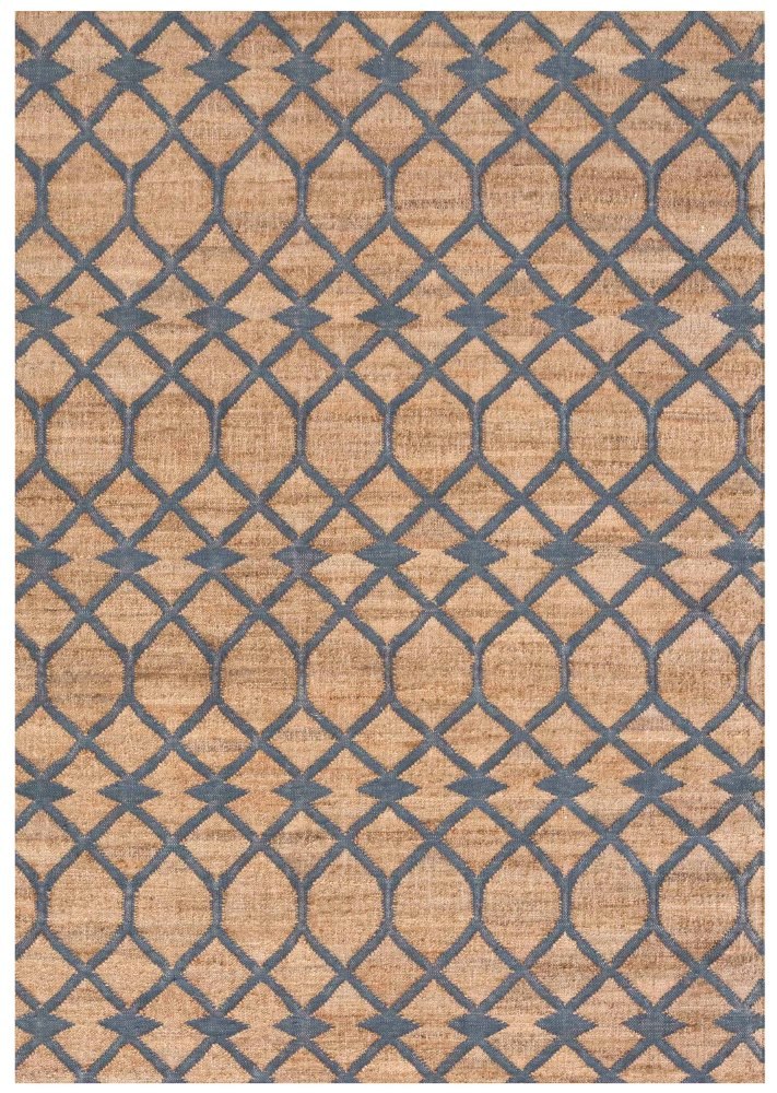 Kilim Teppich mit blauem geometrischen Muster auf beigem Grund. Hochwertiger Teppich für Wohnräume.
